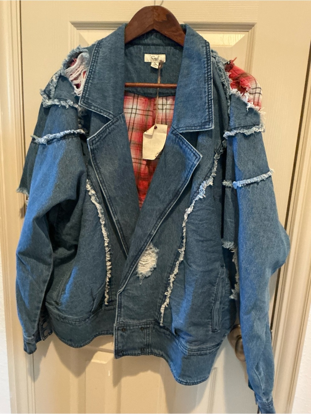 Easel Denim Distressed Jacket with Red Plaid Lining - Picture 2 of 2